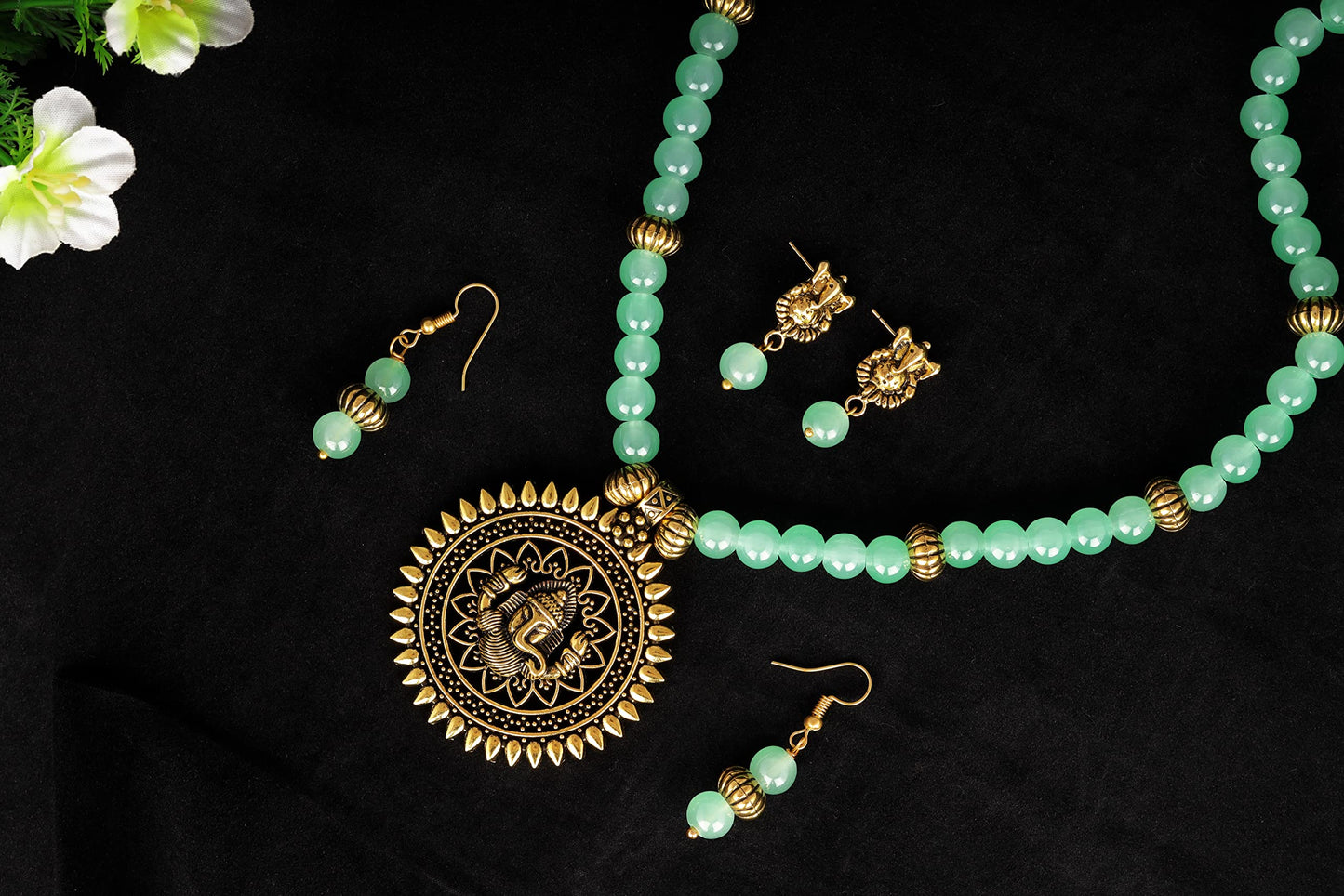 Gold Plated Oxidized Ganesha Necklace Set – Mint-Green Beaded Ethnic Jewelry