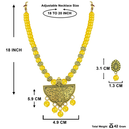 Oxidized Gold Plated Floral Pendant Necklace – Yellow Beaded Tribal Jewelry Set