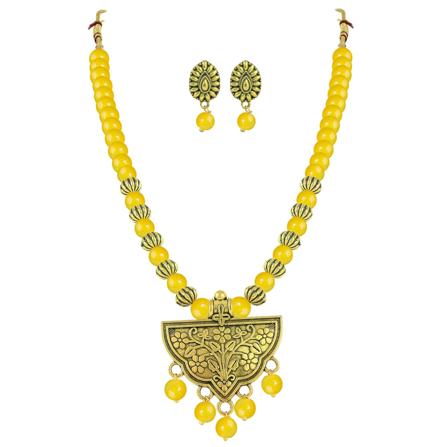 Oxidized Gold Plated Floral Pendant Necklace – Yellow Beaded Tribal Jewelry Set