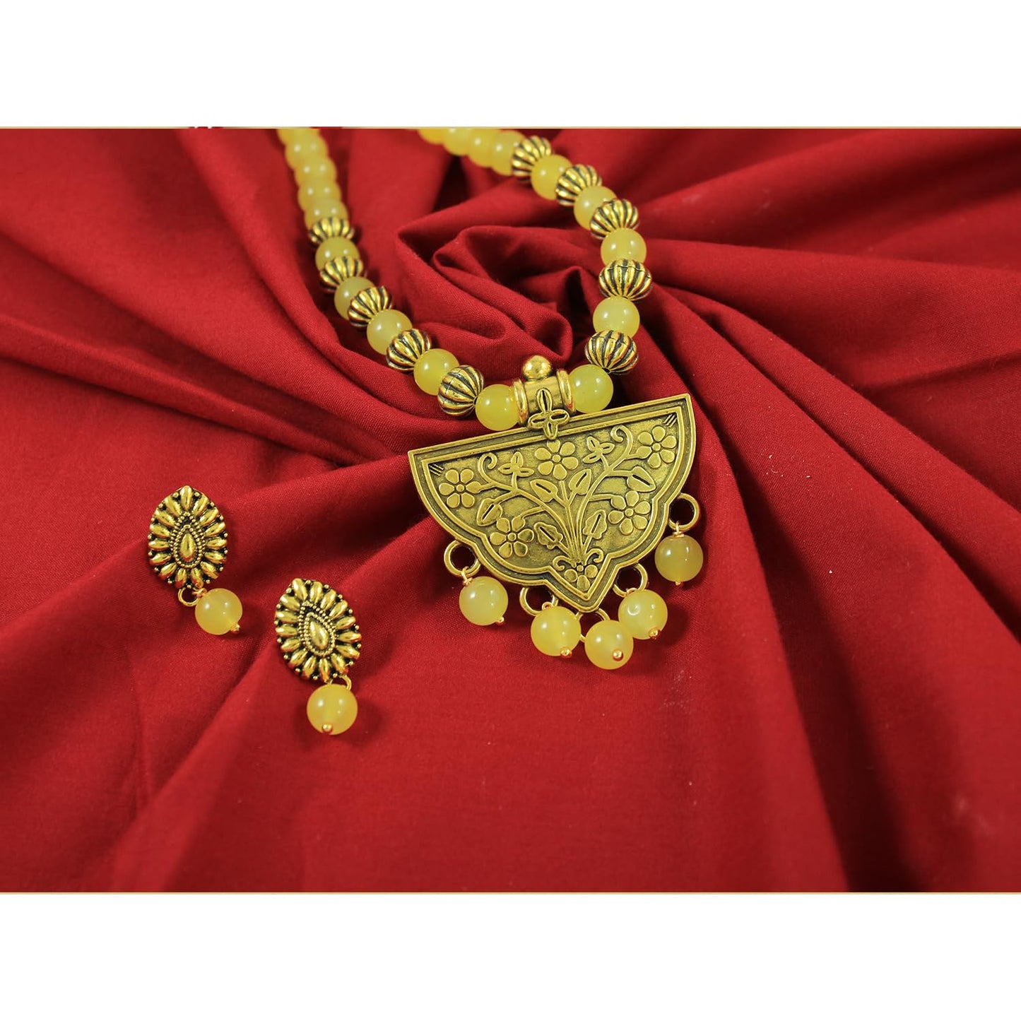 Oxidized Gold Plated Floral Pendant Necklace – Yellow Beaded Tribal Jewelry Set