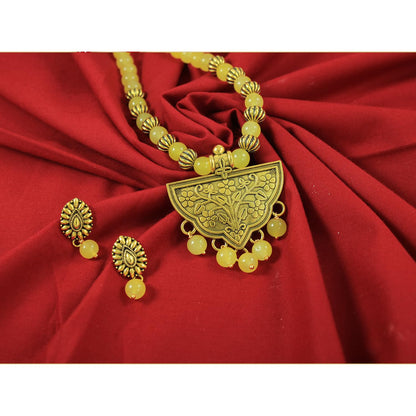 Oxidized Gold Plated Floral Pendant Necklace – Yellow Beaded Tribal Jewelry Set