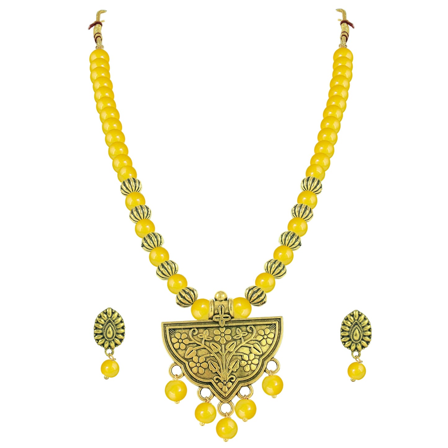 Oxidized Gold Plated Floral Pendant Necklace – Yellow Beaded Tribal Jewelry Set