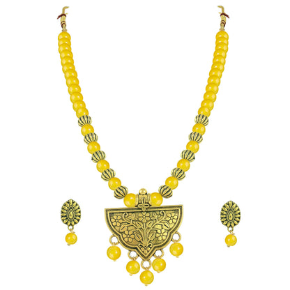 Oxidized Gold Plated Floral Pendant Necklace – Yellow Beaded Tribal Jewelry Set