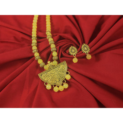 Oxidized Gold Plated Floral Pendant Necklace – Yellow Beaded Tribal Jewelry Set