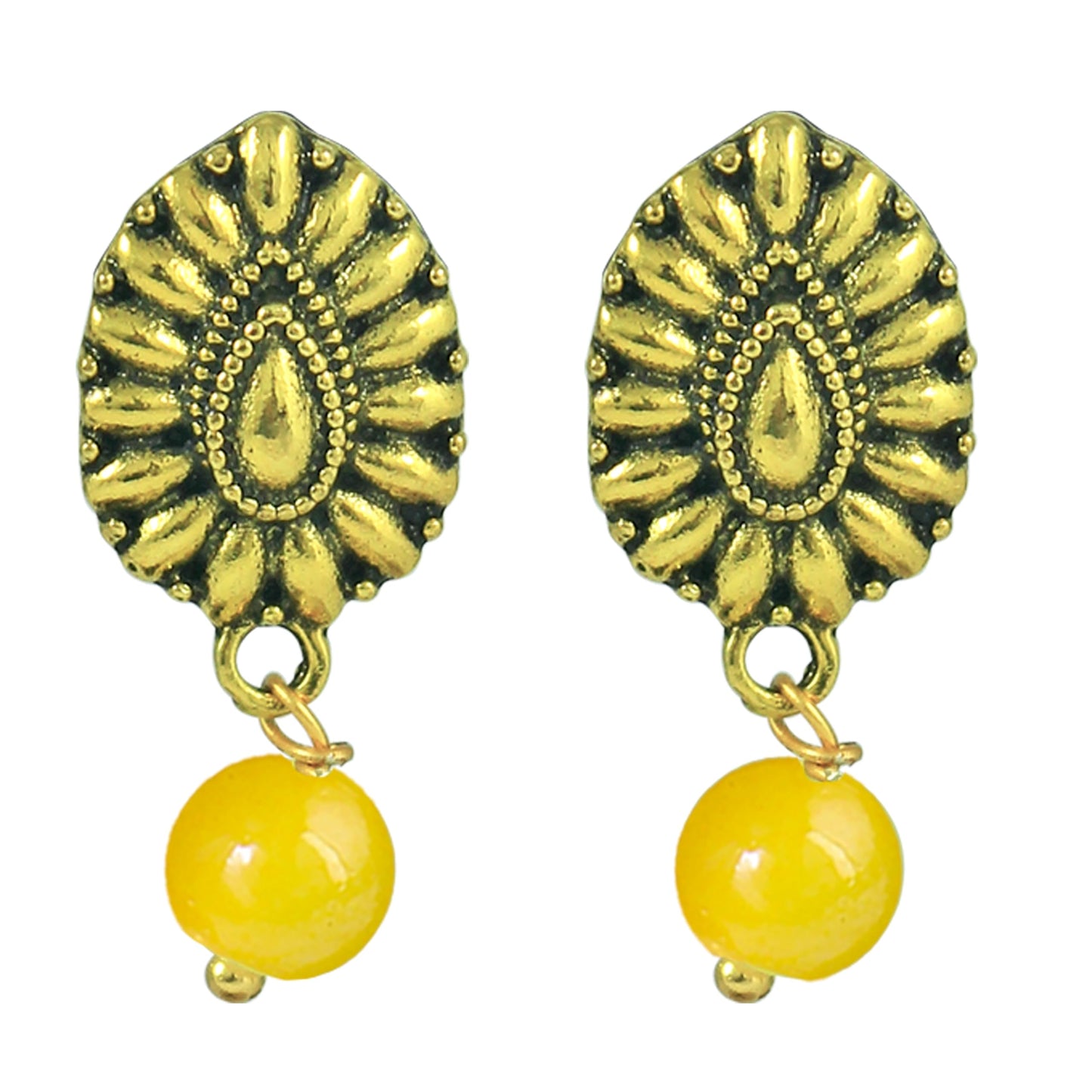 Oxidized Gold Plated Floral Pendant Necklace – Yellow Beaded Tribal Jewelry Set