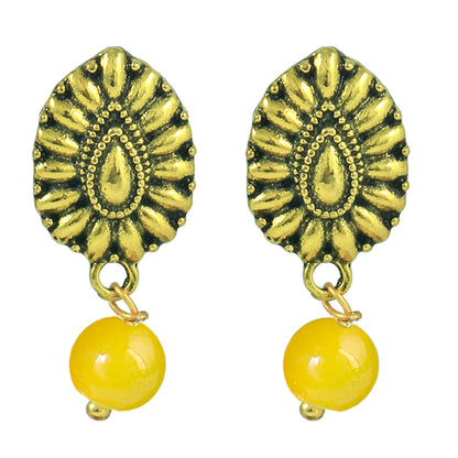 Oxidized Gold Plated Floral Pendant Necklace – Yellow Beaded Tribal Jewelry Set
