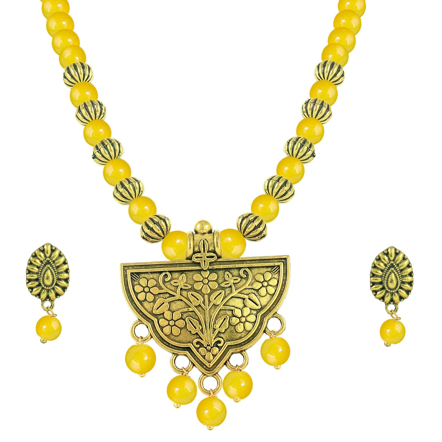 Oxidized Gold Plated Floral Pendant Necklace – Yellow Beaded Tribal Jewelry Set