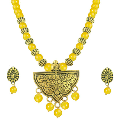 Oxidized Gold Plated Floral Pendant Necklace – Yellow Beaded Tribal Jewelry Set