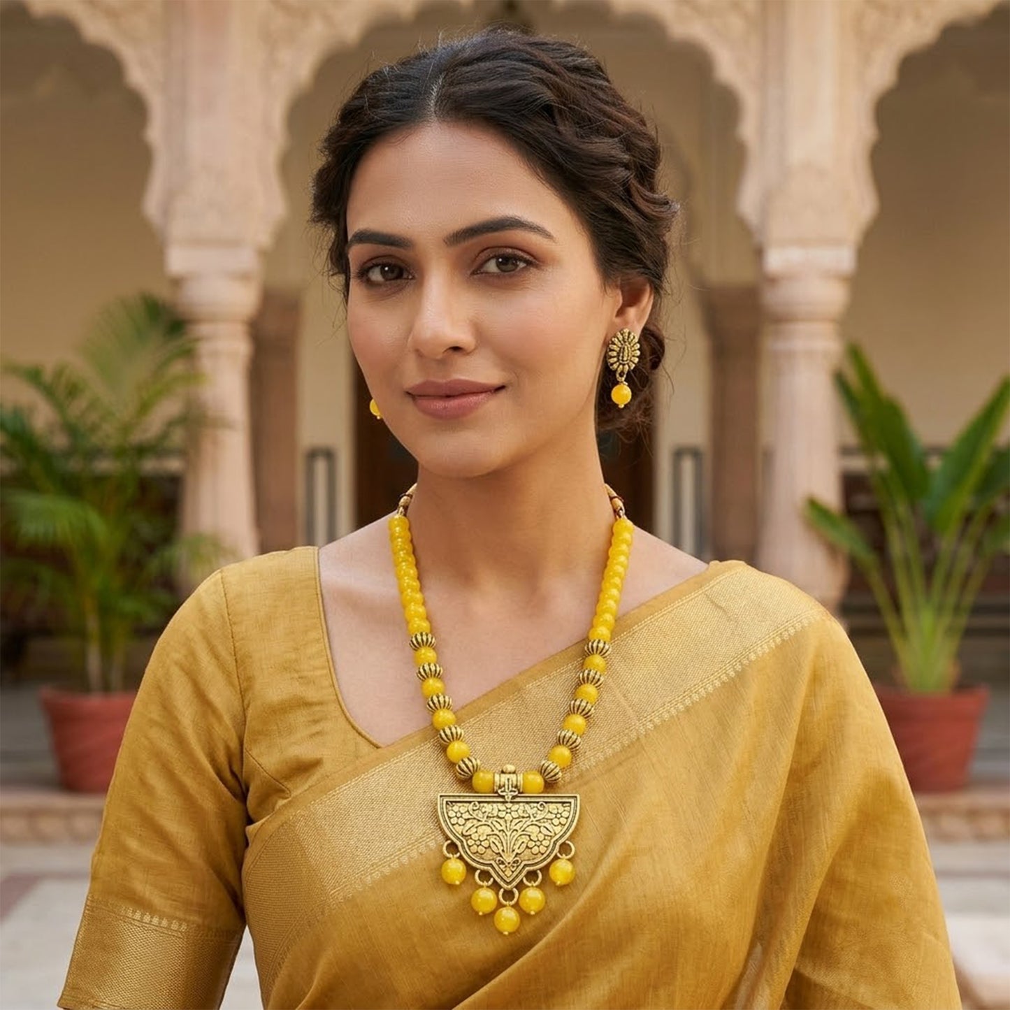 Oxidized Gold Plated Floral Pendant Necklace – Yellow Beaded Tribal Jewelry Set