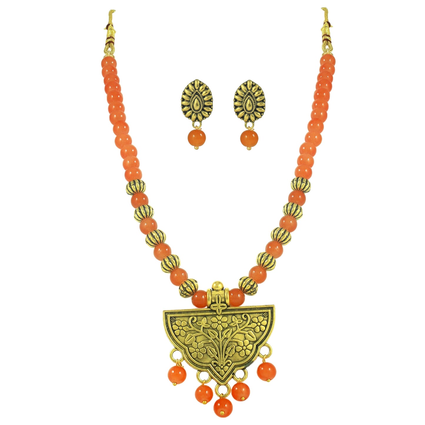 Oxidized Gold Plated Floral Pendant Necklace – Orange Beaded Tribal Jewelry Set