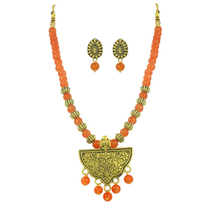 Oxidized Gold Plated Floral Pendant Necklace – Orange Beaded Tribal Jewelry Set