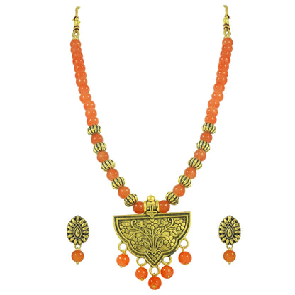 Oxidized Gold Plated Floral Pendant Necklace – Orange Beaded Tribal Jewelry Set