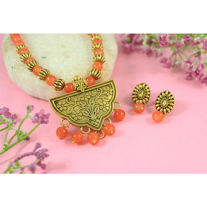 Oxidized Gold Plated Floral Pendant Necklace – Orange Beaded Tribal Jewelry Set