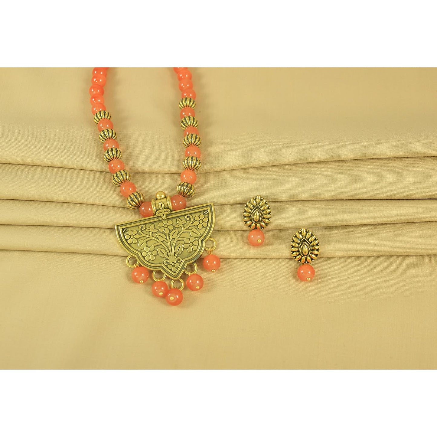 Oxidized Gold Plated Floral Pendant Necklace – Orange Beaded Tribal Jewelry Set
