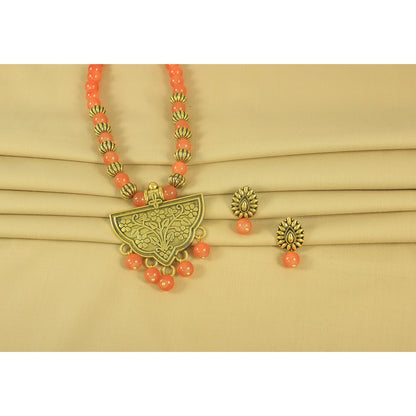 Oxidized Gold Plated Floral Pendant Necklace – Orange Beaded Tribal Jewelry Set