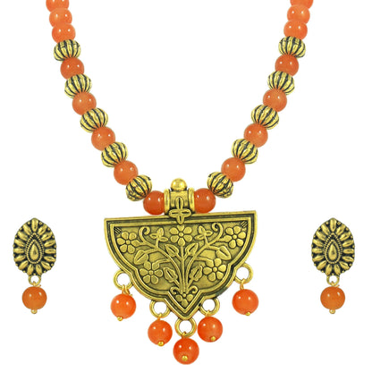 Oxidized Gold Plated Floral Pendant Necklace – Orange Beaded Tribal Jewelry Set