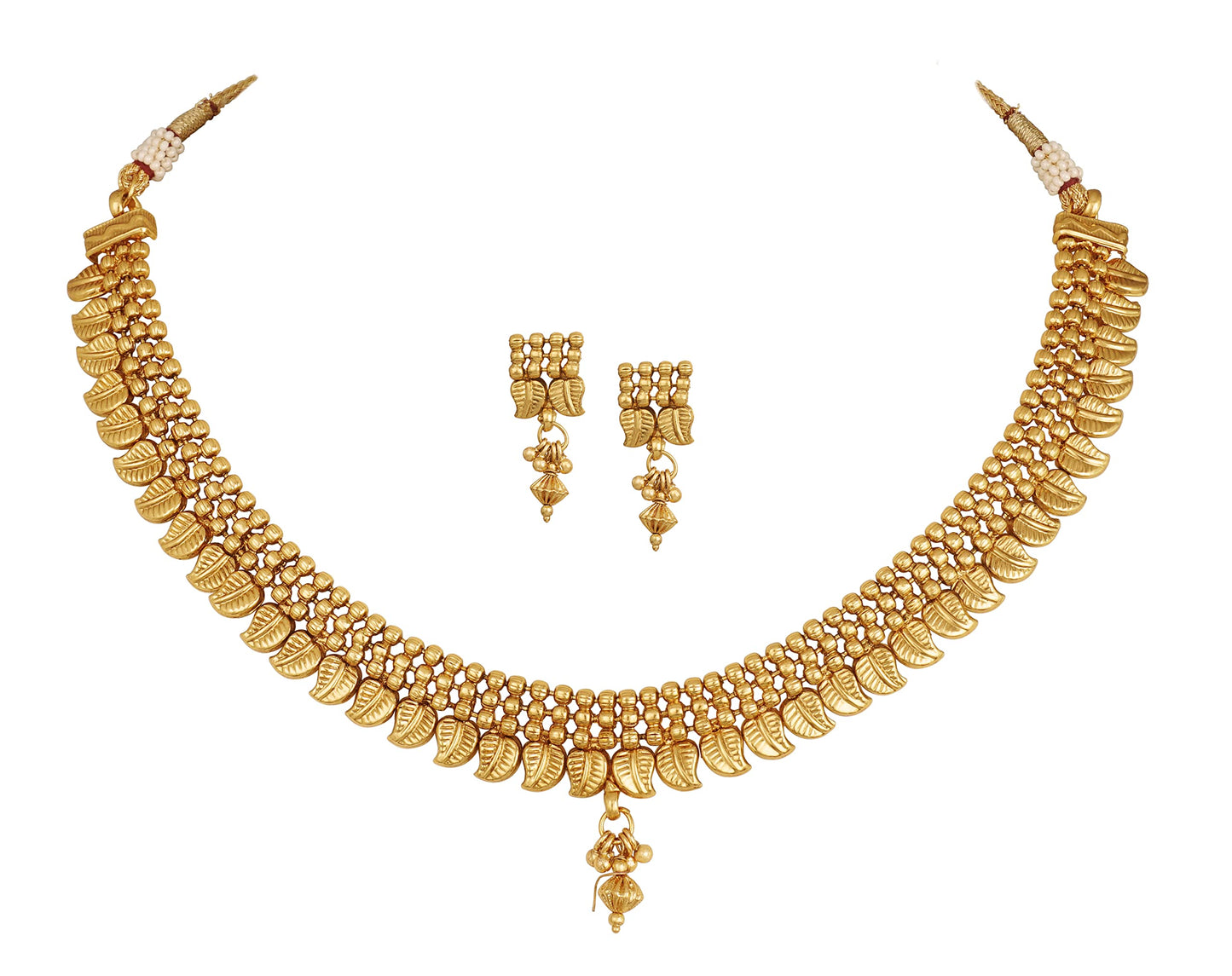 Gold Plated Leaf Design Short Choker Set With Adjustable Thread