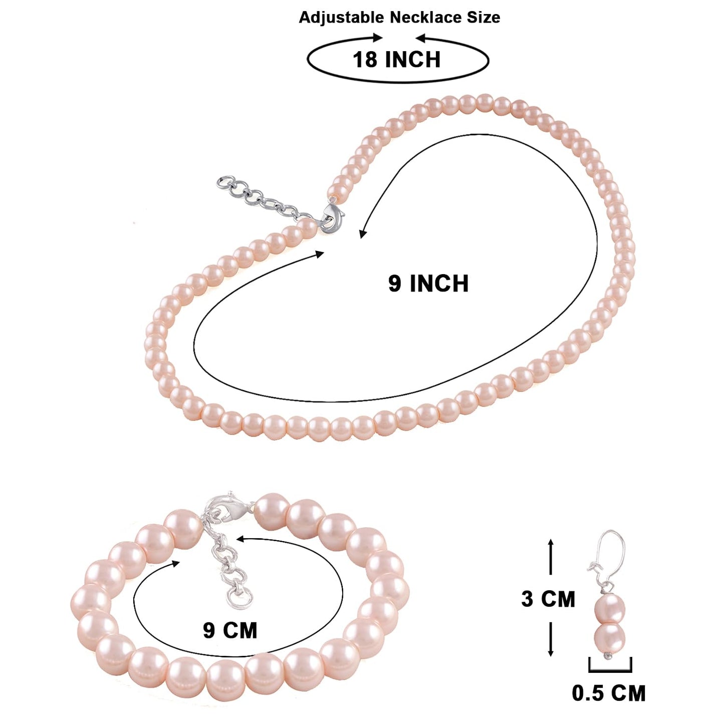 Double Strand Baby Pink Pearl Necklace Set – 8mm Round Pearl Mala with Earrings and Bracelet