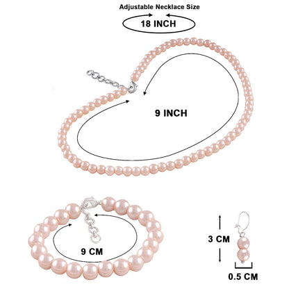Double Strand Baby Pink Pearl Necklace Set – 8mm Round Pearl Mala with Earrings and Bracelet