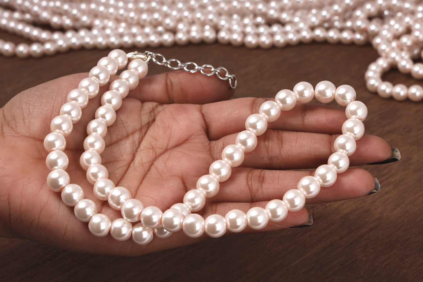 Double Strand Baby Pink Pearl Necklace Set – 8mm Round Pearl Mala with Earrings and Bracelet