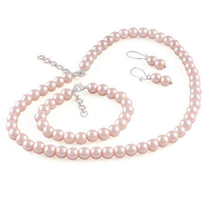Double Strand Baby Pink Pearl Necklace Set – 8mm Round Pearl Mala with Earrings and Bracelet