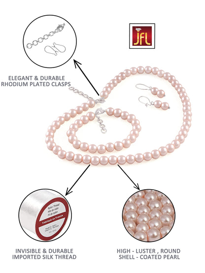Double Strand Baby Pink Pearl Necklace Set – 8mm Round Pearl Mala with Earrings and Bracelet