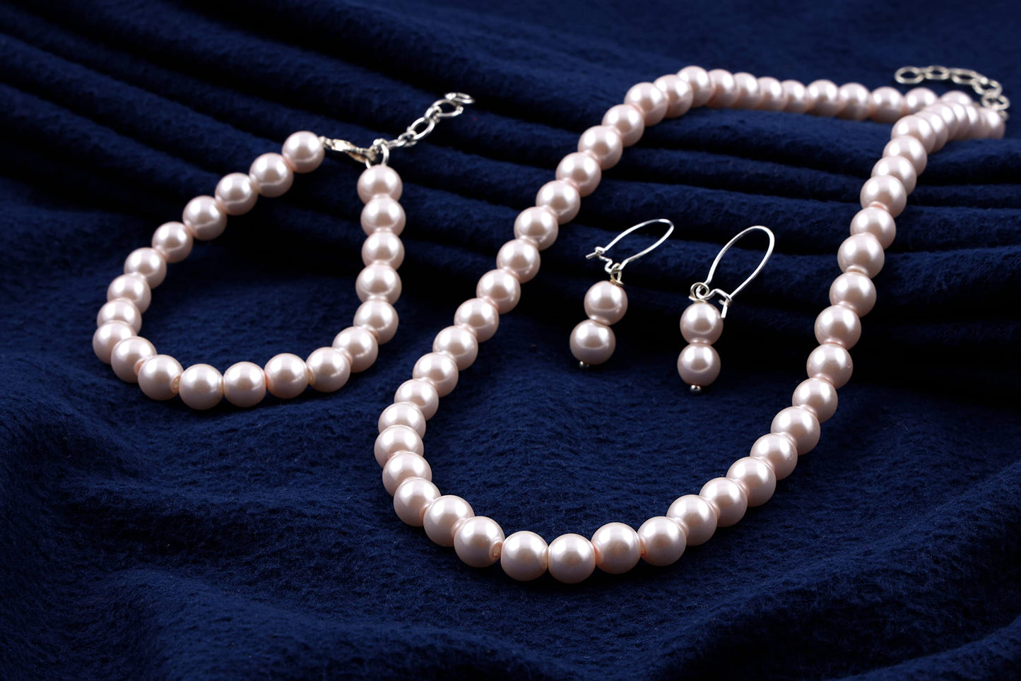 Double Strand Baby Pink Pearl Necklace Set – 8mm Round Pearl Mala with Earrings and Bracelet