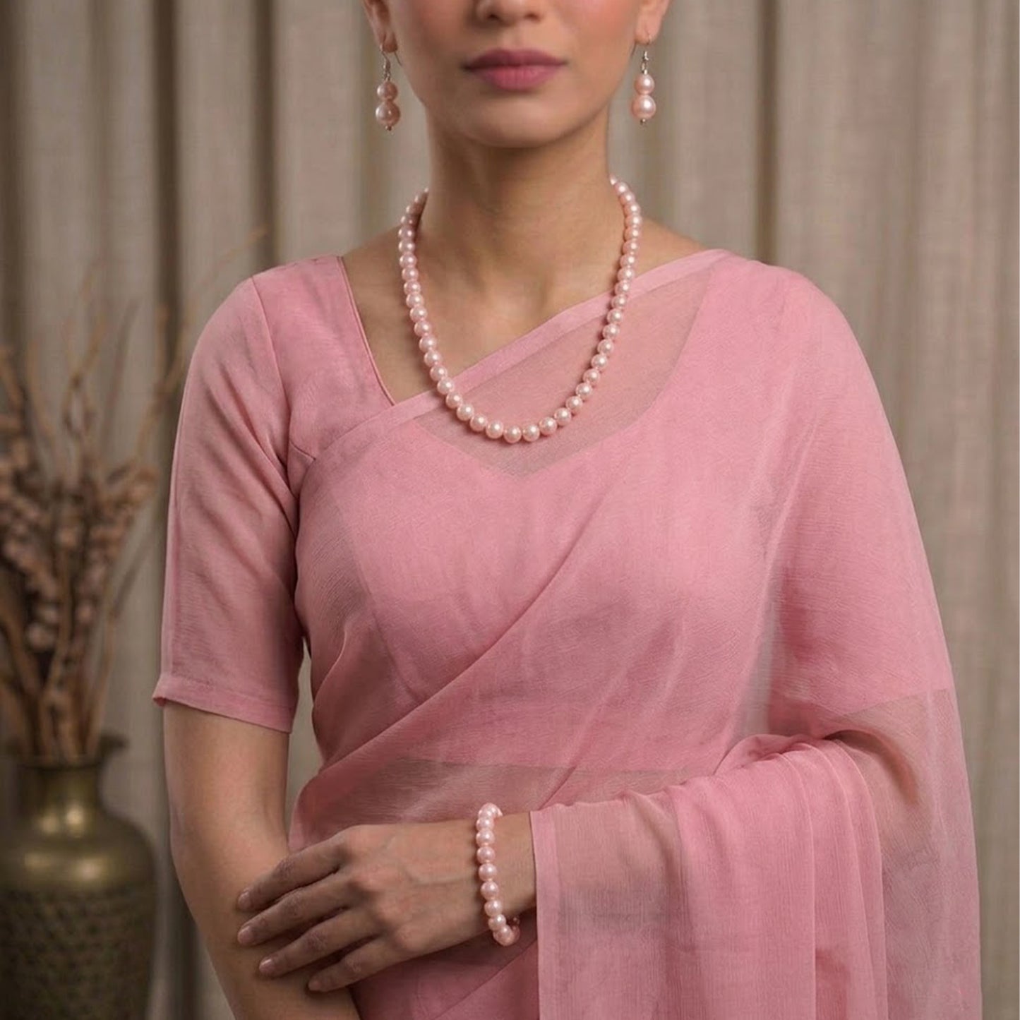 Double Strand Baby Pink Pearl Necklace Set – 8mm Round Pearl Mala with Earrings and Bracelet