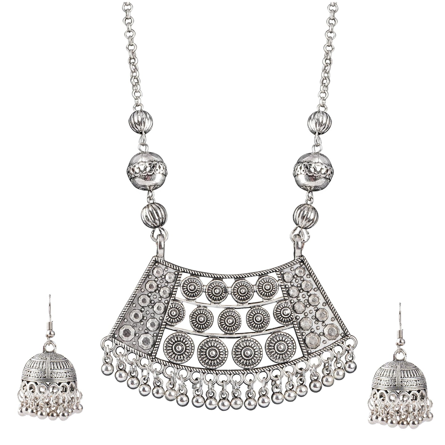 Able Silver Plated German Oxidized Pendant With Long Chain Necklace Set