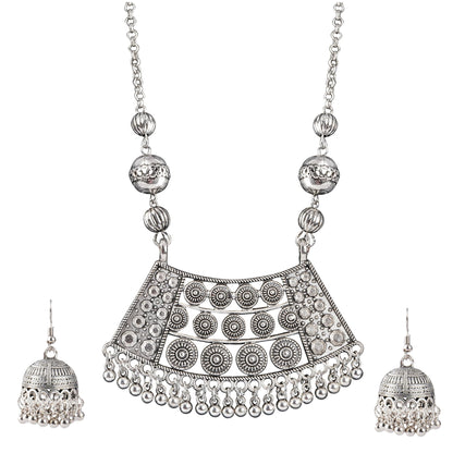 Able Silver Plated German Oxidized Pendant With Long Chain Necklace Set