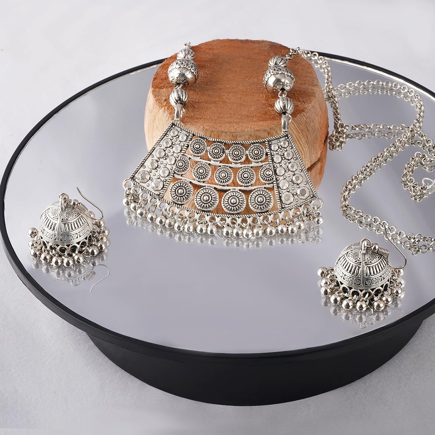 Able Silver Plated German Oxidized Pendant With Long Chain Necklace Set