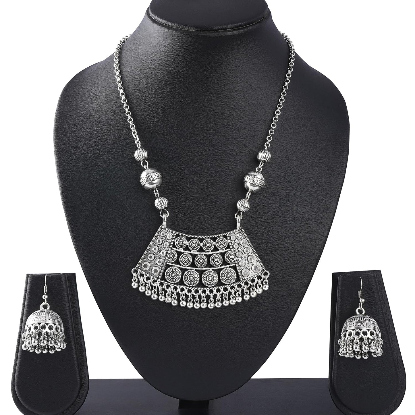 Able Silver Plated German Oxidized Pendant With Long Chain Necklace Set