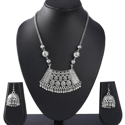 Able Silver Plated German Oxidized Pendant With Long Chain Necklace Set