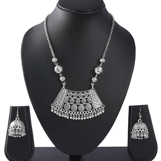 Able Silver Plated German Oxidized Pendant With Long Chain Necklace Set