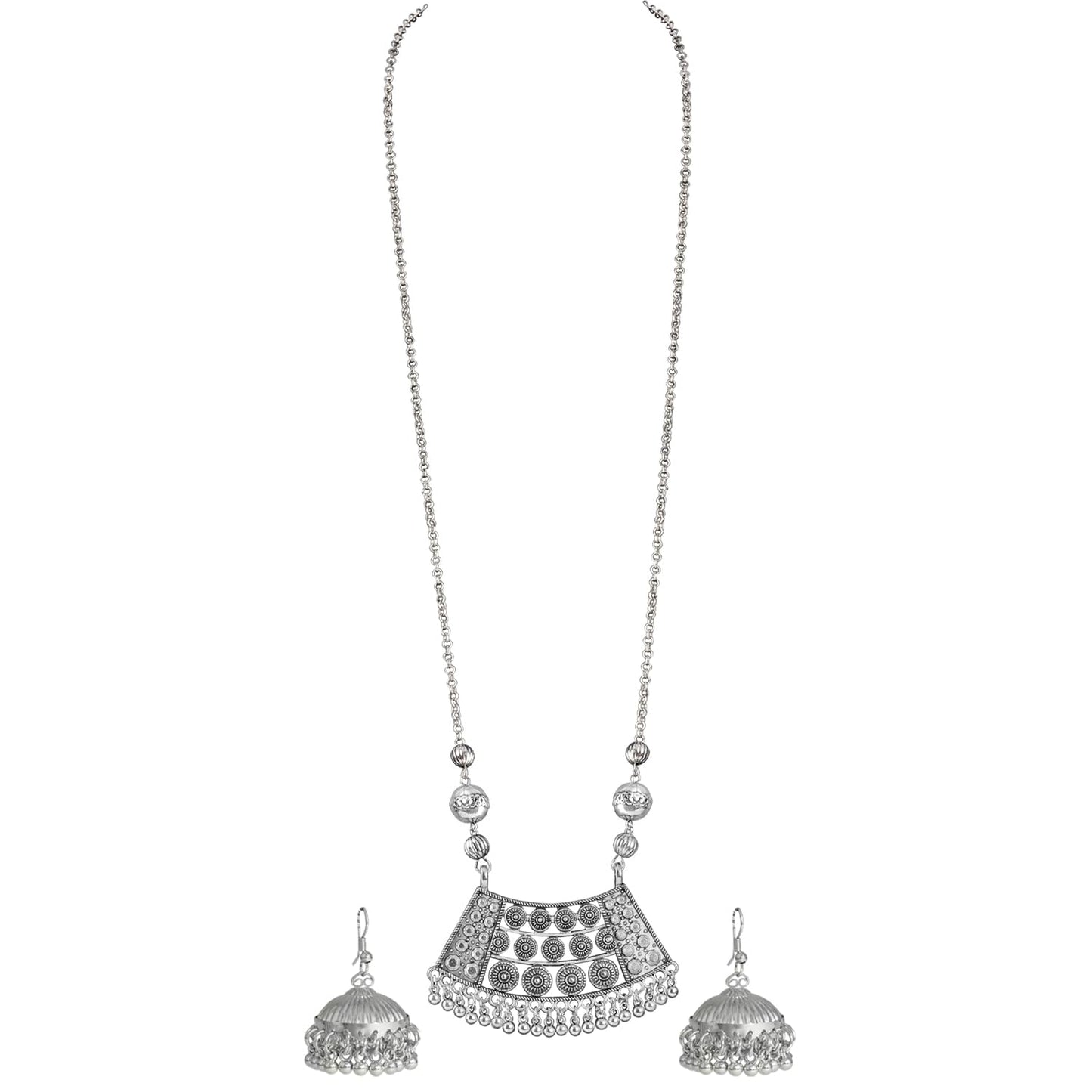 Able Silver Plated German Oxidized Pendant Long Chain Necklace Set With Earring