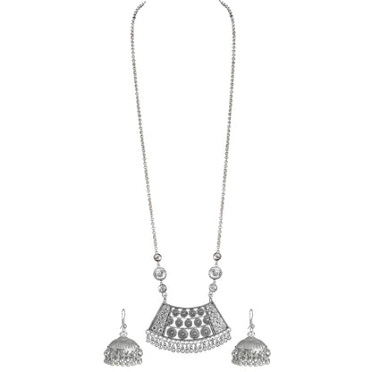 Able Silver Plated German Oxidized Pendant Long Chain Necklace Set With Earring