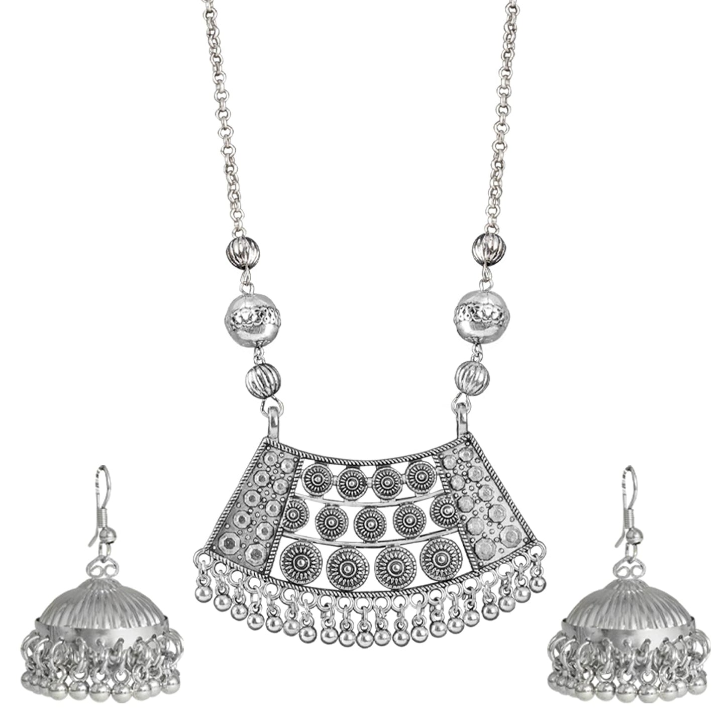 Able Silver Plated German Oxidized Pendant Long Chain Necklace Set With Earring