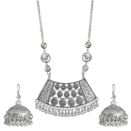 Able Silver Plated German Oxidized Pendant Long Chain Necklace Set With Earring