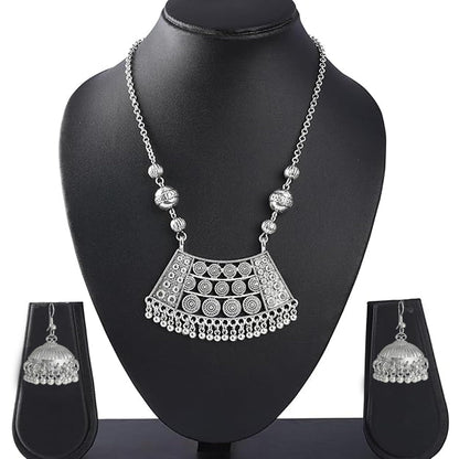 Able Silver Plated German Oxidized Pendant Long Chain Necklace Set With Earring