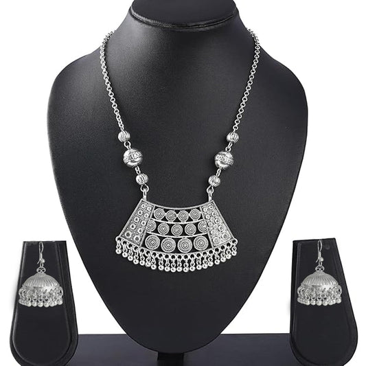 Able Silver Plated German Oxidized Pendant Long Chain Necklace Set With Earring