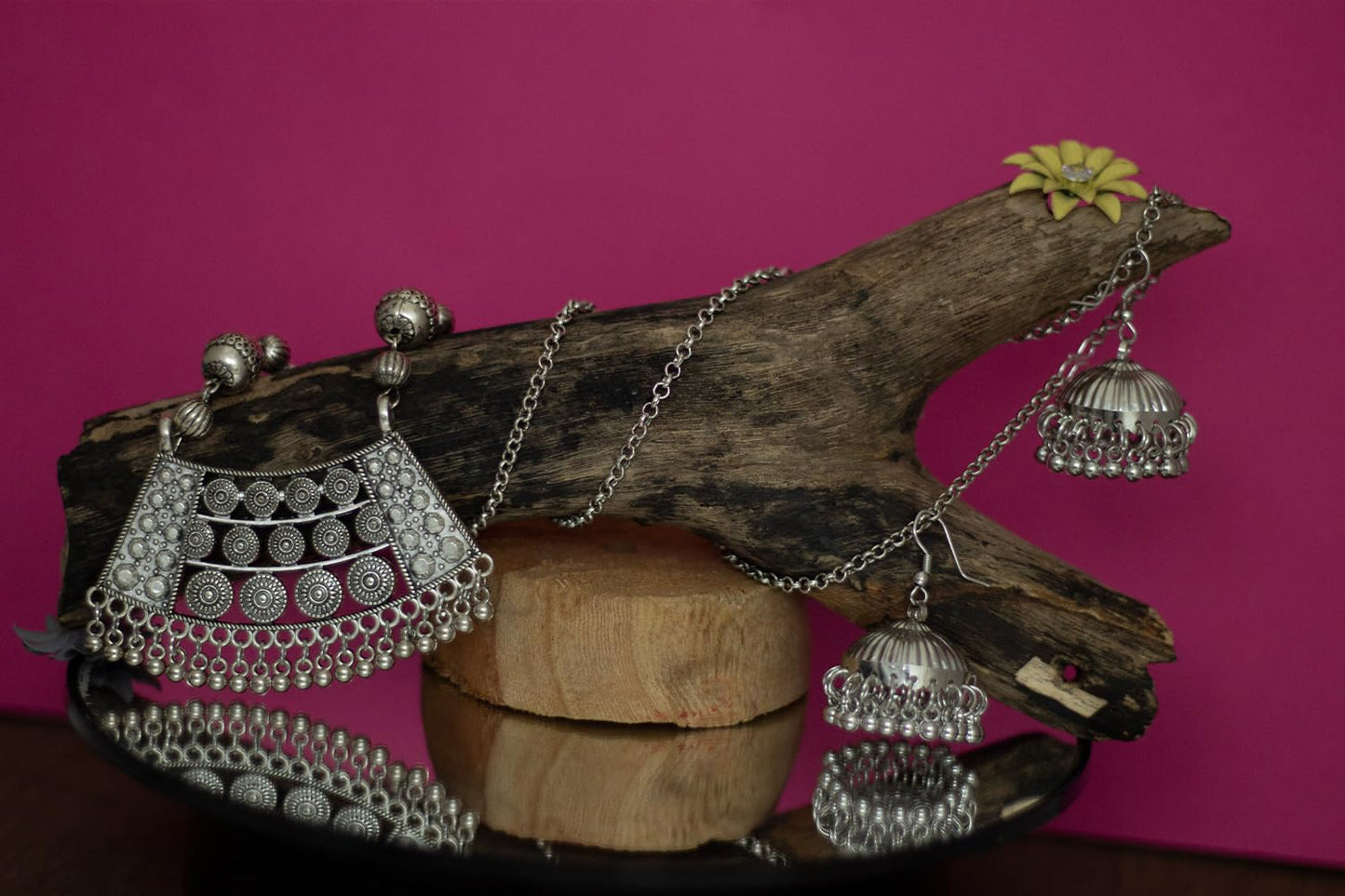 Able Silver Plated German Oxidized Pendant Long Chain Necklace Set With Earring