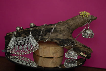 Able Silver Plated German Oxidized Pendant Long Chain Necklace Set With Earring