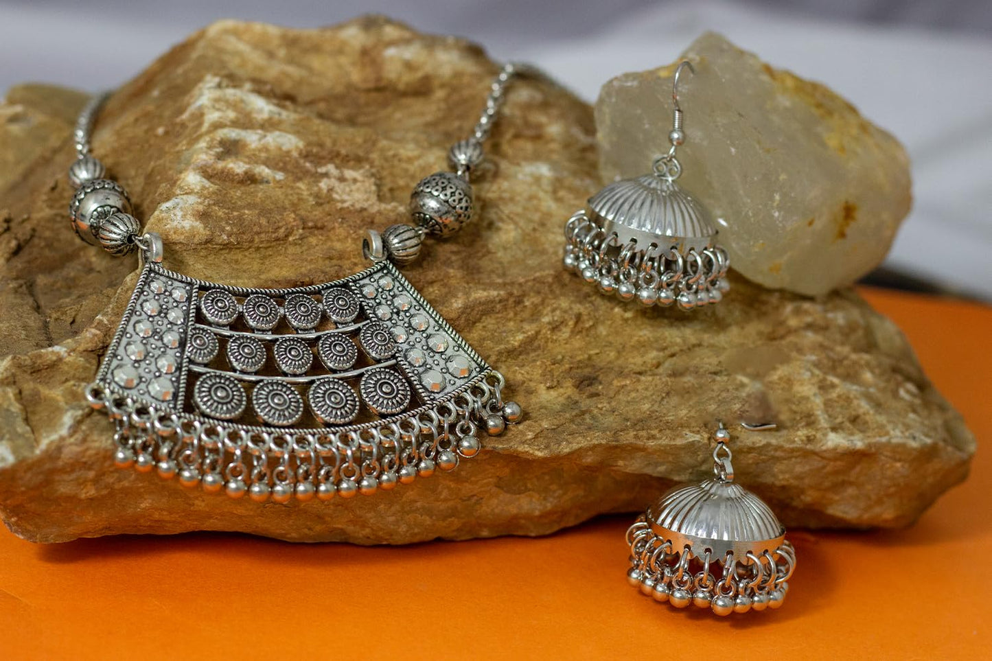 Able Silver Plated German Oxidized Pendant Long Chain Necklace Set With Earring