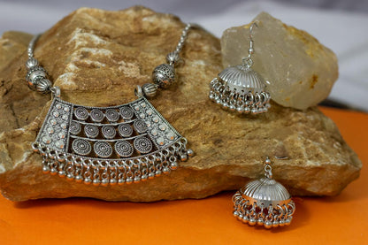 Able Silver Plated German Oxidized Pendant Long Chain Necklace Set With Earring