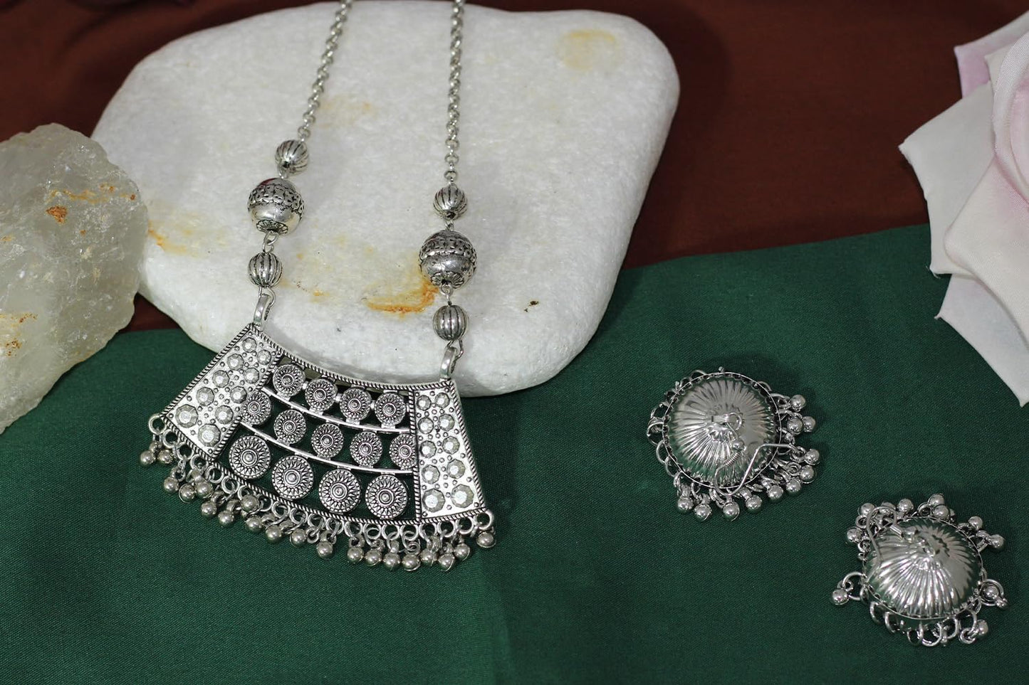 Able Silver Plated German Oxidized Pendant Long Chain Necklace Set With Earring