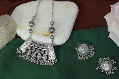 Able Silver Plated German Oxidized Pendant Long Chain Necklace Set With Earring