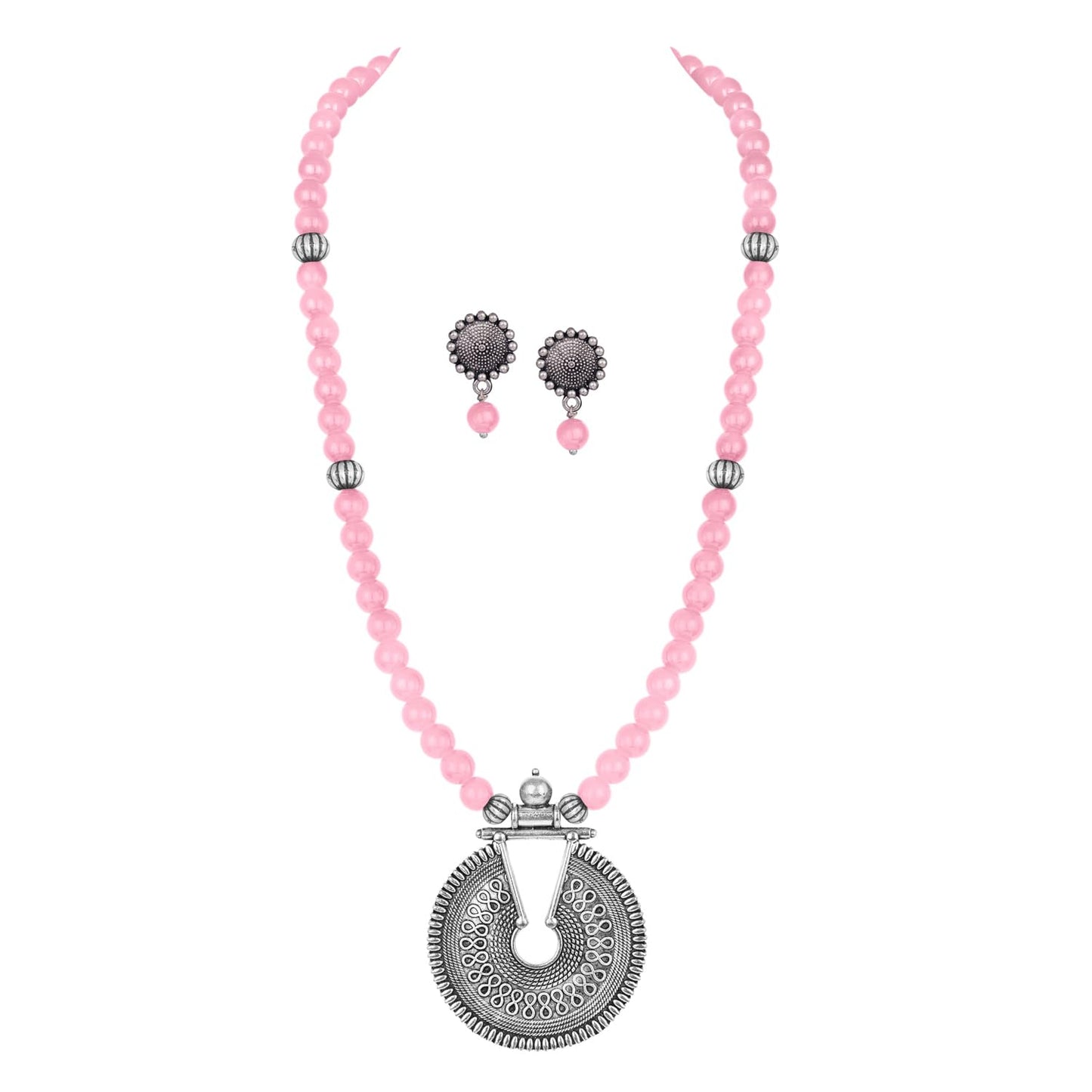 Elegant Baby Pink Beaded Necklace Set – Minimalist Ethnic Jewelry with Earrings