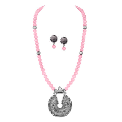 Elegant Baby Pink Beaded Necklace Set – Minimalist Ethnic Jewelry with Earrings