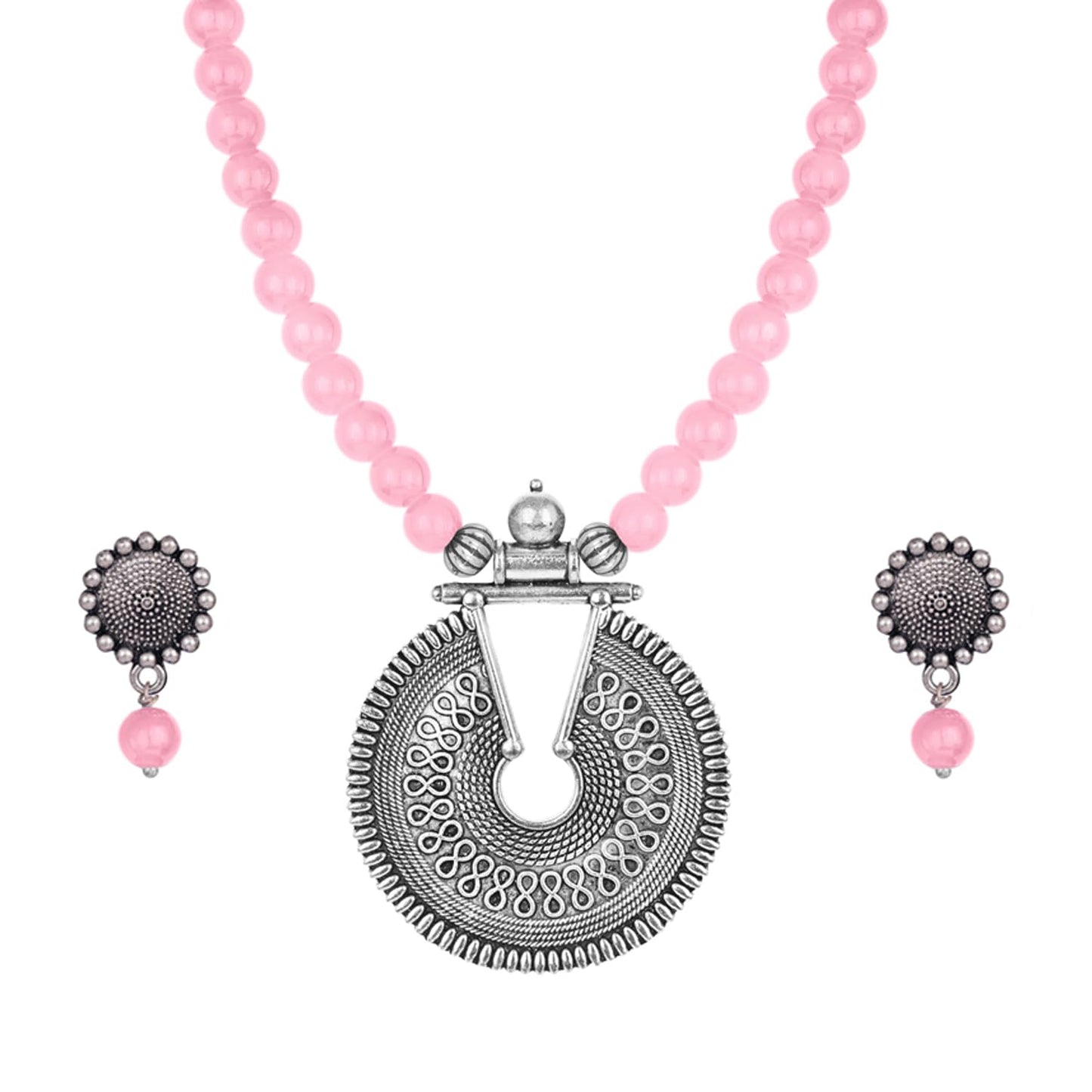 Elegant Baby Pink Beaded Necklace Set – Minimalist Ethnic Jewelry with Earrings