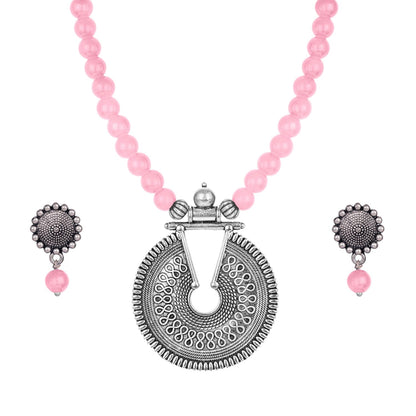 Elegant Baby Pink Beaded Necklace Set – Minimalist Ethnic Jewelry with Earrings
